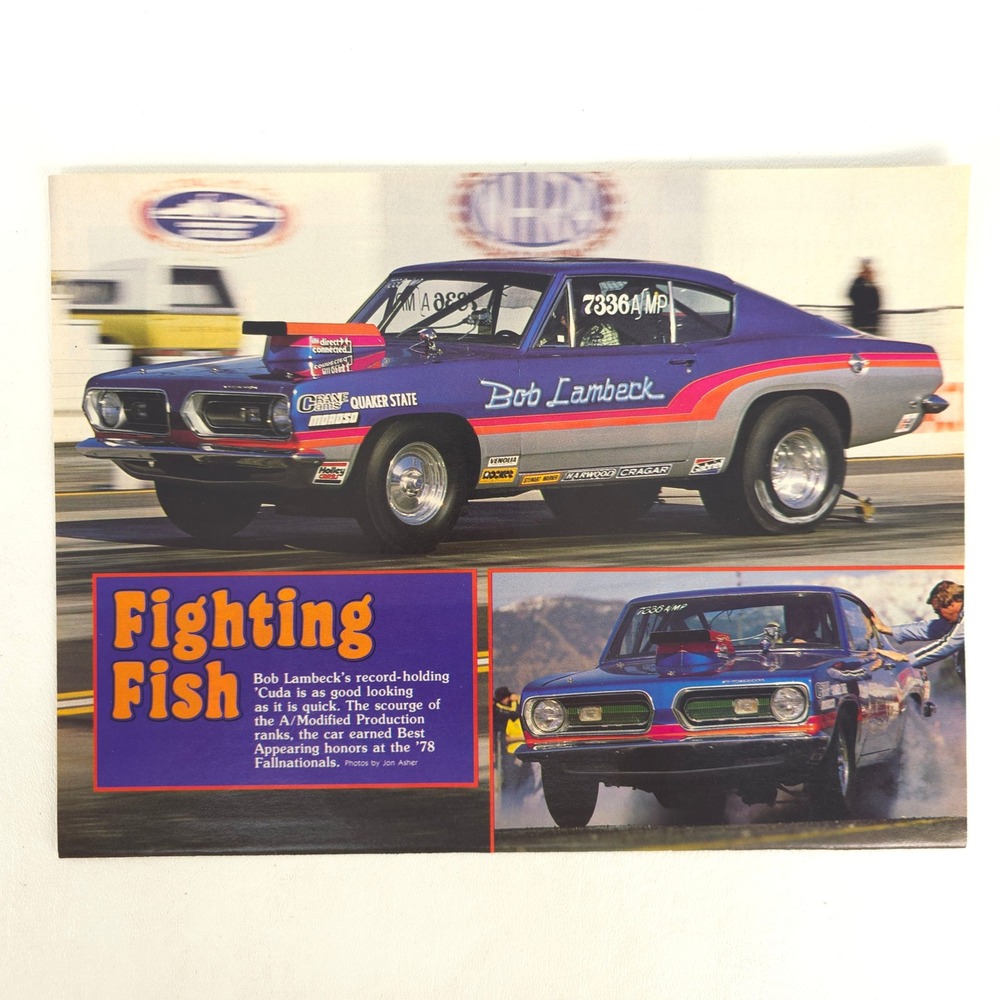 Bob Lambeck Plymouth Barracuda Drag Car Print Ad Racing Mopar Vintage Decor Cuda